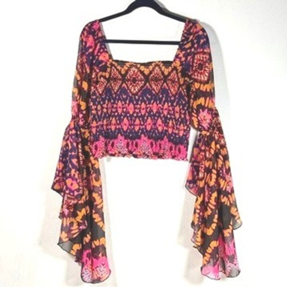 Sheer Fairy Boho Layered Flared Sleeves Smocked Crop Top‎ Pink L Festival